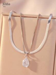 Hihho Set Kalung Liontin Zirkonia Mikro Bertatahkan Bentuk Tetesan Air Bergaya Vintage (2 buah), Cocok untuk Dipakai Sehari-hari dan Sebagai Hadiah untuk Wanita - Perak - View 2