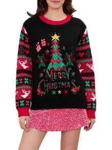 Women Christmas Sweater Long Sleeve Crew Neck Tree Letters Pullover Sweater Winter Sweater - Black - View 7