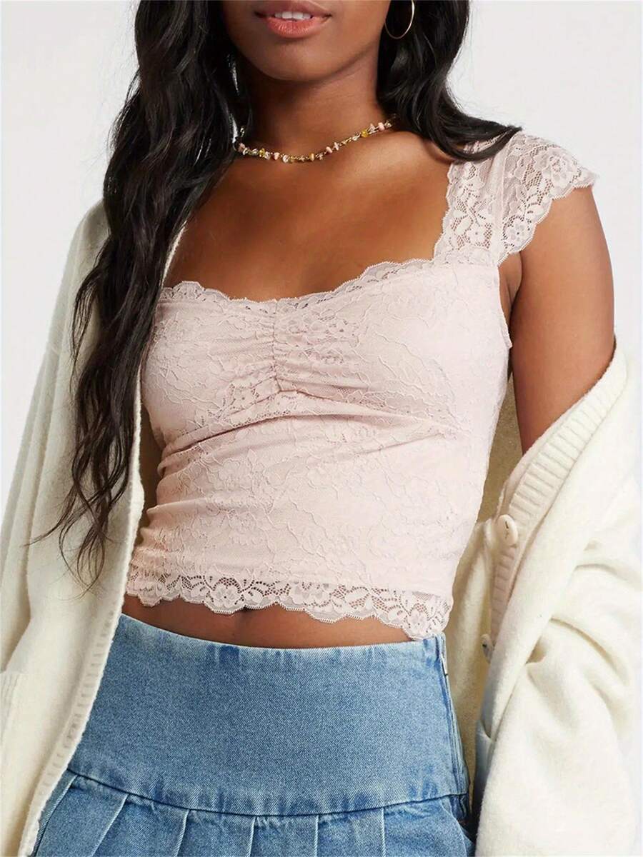 Women's Y2K Lace Floral Shirt Top Short Cap Sleeve Square Neck Slim Fit T Shirts Sexy Backless Tank Tops Summer Going Out Tops Tees Streetwear - Hồng - Xem 1