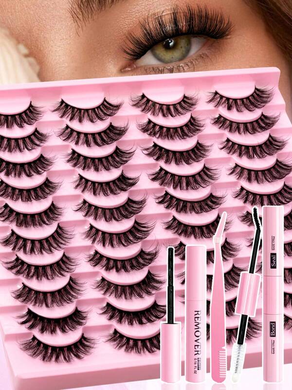 20 Pairs 3D Faux Mink Lashes,3D Fiber False Eyelashes Set Includes Eyelash Glue, Eyelash Isolator, Remover Liquid, Tweezers, Lash Brush, Suitable For Wedding, Party, Daily Use, Can Be Purchased Separately