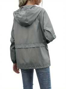 Women Water Resistant Hooded Jacket Solid Color Zipper Open Front Drawstring Coat Streetwear - Light Grey - View 4