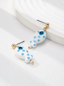 1 Pair Handmade Boho Style Glass Beads & Ceramic Fish Earrings For Women (Shape And Color May Vary) - White - View 2