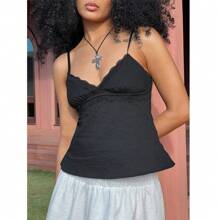 Women's V-Neck Lace Trim Camisole Spaghetti Strap Peplum Crop Tank Tops Loose Sleeveless Ruffle Hem Vest Shirts - 黑色 - 查看 2