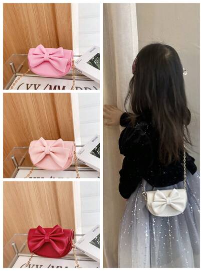 1 件新款时尚迷你斜挎包，适合女孩，蝴蝶结和链条装饰