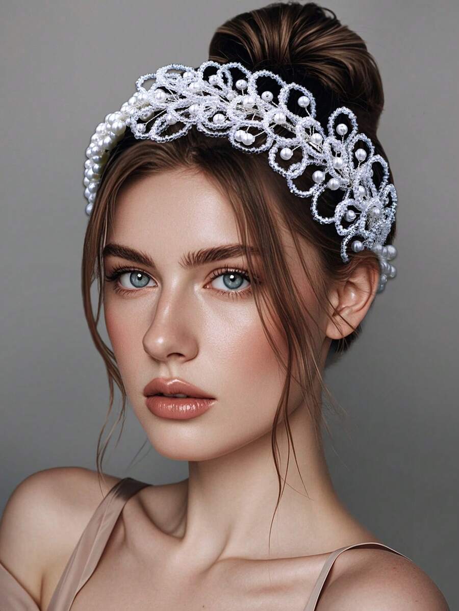 1pc White Pearl Handmade Beaded Circlet Headband, Bridal Headpiece For Weddings, Parties, Events