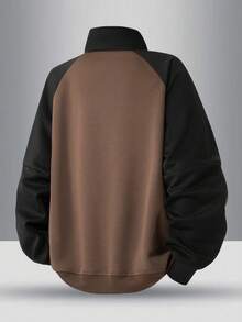 青少年时尚插肩袖半拉链条纹运动衫，秋季新品 - 棕色 - 查看 2