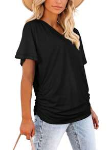 GEREARC Womens Basic Short Sleeve V Neck Tops With Side Shirring Loose Fit Shirts - màu đen - Xem 4