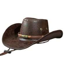 Mens PU Leather Western Hats Solic Color Retro Cowboy Hat With Chin Strap For Spring Fall - Brown - View 1