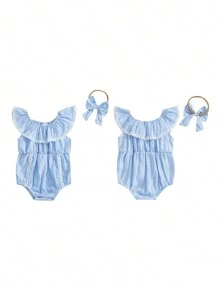 Baby Girls Rompers Plaid Lace Tassel Ruffles Elastic Collar Infant Bodysuits Jumpsuits With Headband - Blue - View 6