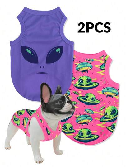 LUCKIE LABO 2 Pieces Set Polyester Alien Print Anti-Flea, Less Shedding, Heat-Resistant, Breathable Vest For Cats And Dogs, Indoor And Outdoor Use