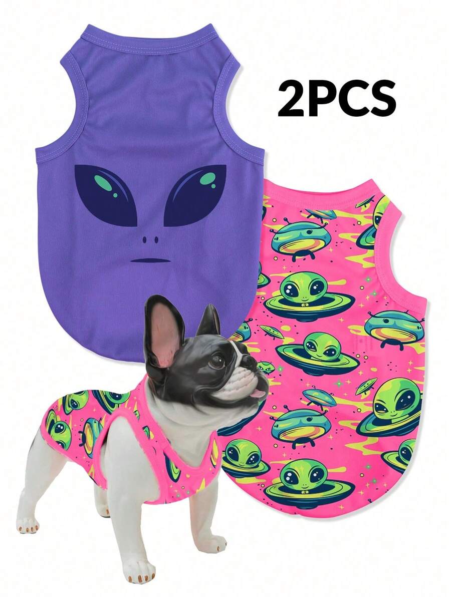 LUCKIE LABO 2 Pieces Set Polyester Alien Print Anti-Flea, Less Shedding, Heat-Resistant, Breathable Vest For Cats And Dogs, Indoor And Outdoor Use - Purple - View 1