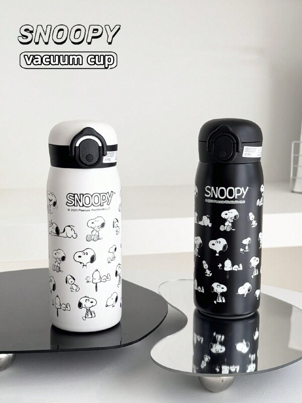 SNOOPY 1 pieza Botella de agua al vacío aislada de 420 ML con diseño de Snoopy, tapa abatible linda, termo portátil de acero inoxidable, diseño sencillo para uso al aire libre y en el coche con infusor de té