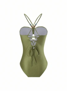 Retro One-Piece Swimsuit With Chiffon Cover-Up Skirt Two-Piece Set, For Summer Beach Vacation - Olive Green - View 3