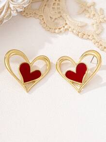 1 Pair Minimalist Fashion Leopard Print Hollow Heart Stud Earrings, Chic & Versatile - Red - View 3