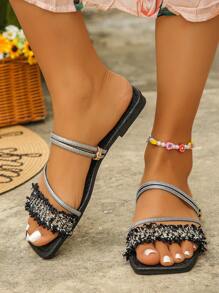 Cross-Border Trade Plus Size 35-43 Summer New Open Toe Black Silver Rhinestone Women Flat Slippers, European And American Fashion Square Toe Beach Soft Bottom Ladies Flat Sandals