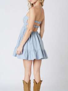Women Twisted Tube Dress Ruched Cut Out Backless Sleeveless Double Pockets Flowy Ruffled Dresses - Baby Blue - View 3