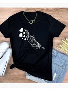 Women's T-Shirt Blouse With Feather Print 100% Cotton - Black - View 1