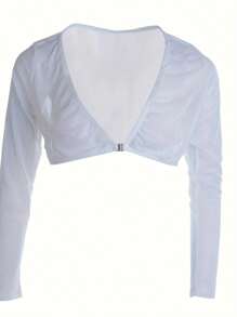 Women's Mesh See-Through Cropped Tops, Seamless Arm Shaper Compression Long Sleeve Solid Blouse - White - View 2