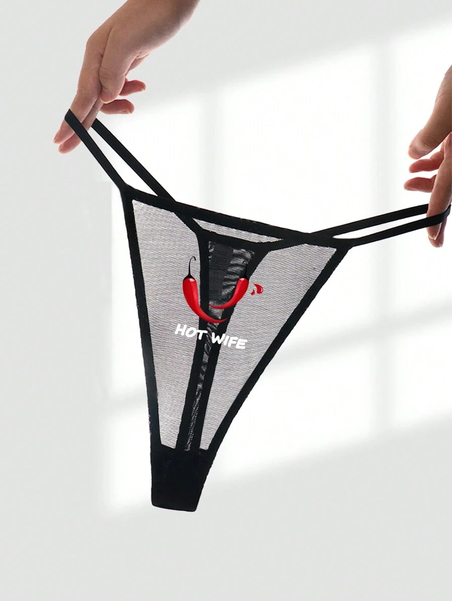 Plus Size Women's Black Sexy Semi-Sheer Panty With Red Chili & White Letter Print, Thong