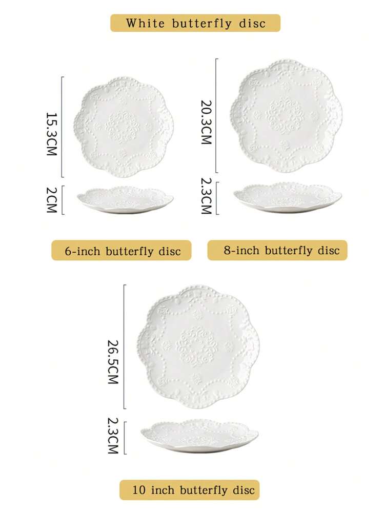 2/4 Peças Pratos Cerâmicos Premium com Relevo de Borboleta, Disponíveis em Vários Tamanhos, Empilháveis, Adequados para Bife, Massa, Sushi, Salada, Sobremesa (Não para Sopa), Formato Redondo, Material Cerâmico. Aplicável para Casa, Restaurante, Cozinha, Lavável na Máquina de Lavar Louça/Forno/Micro-ondas, Ótimo para Inauguração de Casa, Ação de Graças, Natal - Branco - Visão 2