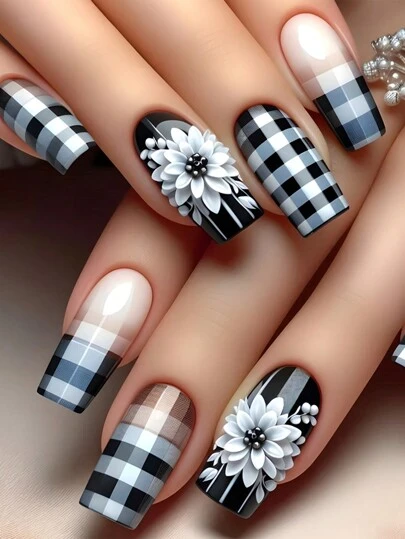 24 片长管状假指甲，黑白棋盘格和白色花朵图案美甲套装，长压指甲，适合派对、舞会或日常佩戴美甲用品