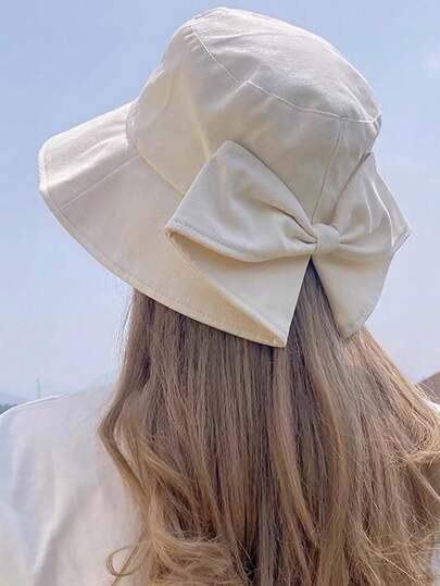 春夏日式防晒渔夫帽，蝴蝶结装饰休闲渔夫帽，优雅涤纶休闲波西米亚风派对街头帽，女士防风 UVA 防护帽