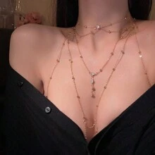 Sexy Rhinestone Beaded Body Chain, Women's Sexy Body Jewelry, Sparkling Pendant Tassel Necklace, Sexy Chest Chain, Stylish Sexy Elegant Chain For Women, Elegant Sexy Women Necklace