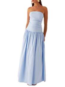 Women Tube Top Maxi Dress Elegant Sleeveless Strapless Ruched Flowy Dress Summer Long Wedding Party Cocktail Dresses - Blue - View 1