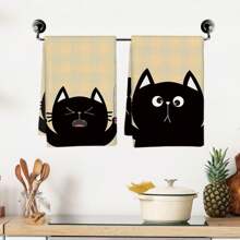 2 件套黑猫格纹图案手巾、日常厨房洗碗巾、家居装饰茶巾