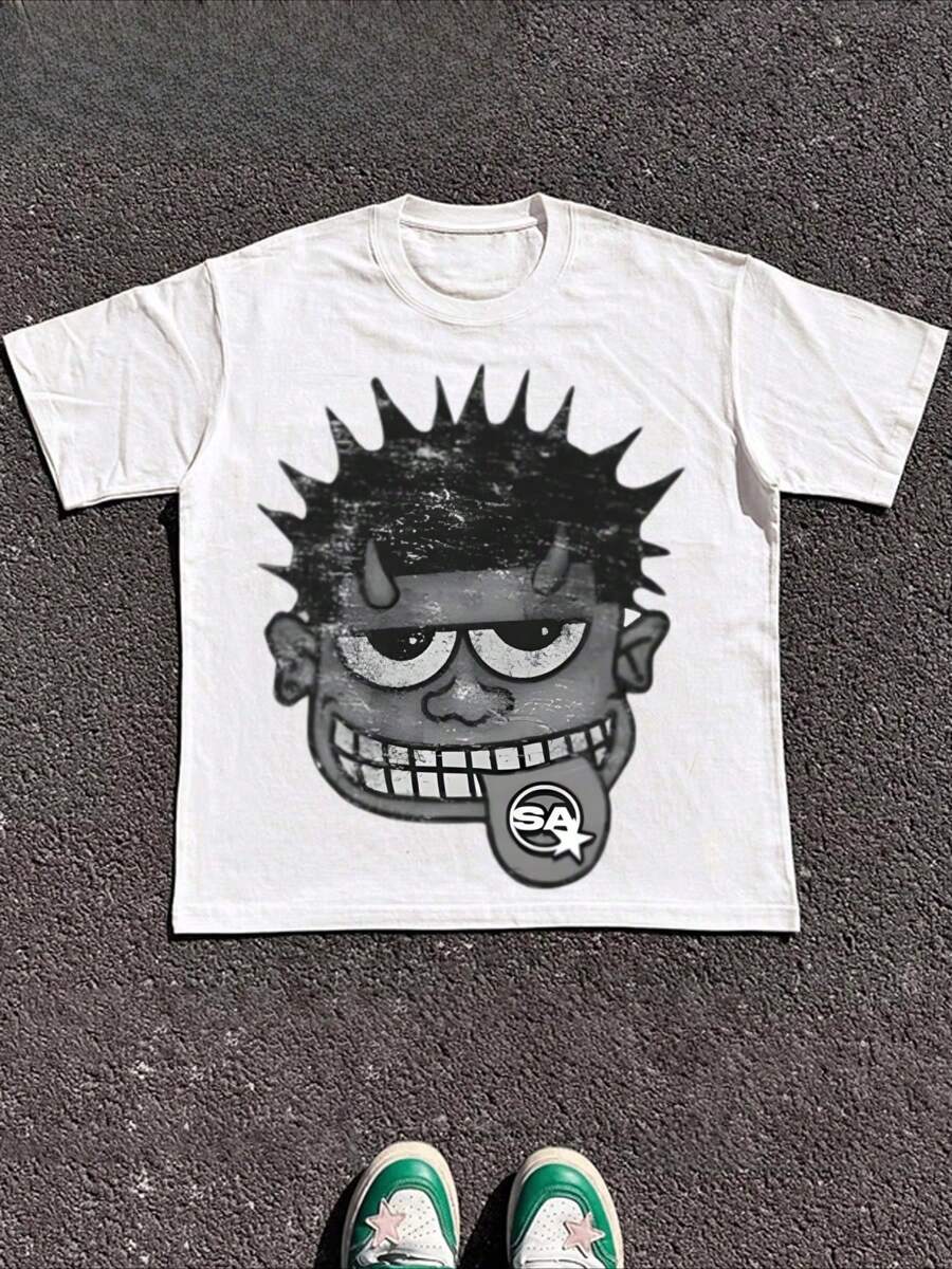 Size Plus  Gentle Monster T-Shirt Men's Casual Cartoon Boys Graphic Short Sleeve T-Shirt (Single Piece)100% Cotton 220g Heavy Cotton T Shirt - 白色 - 查看 1
