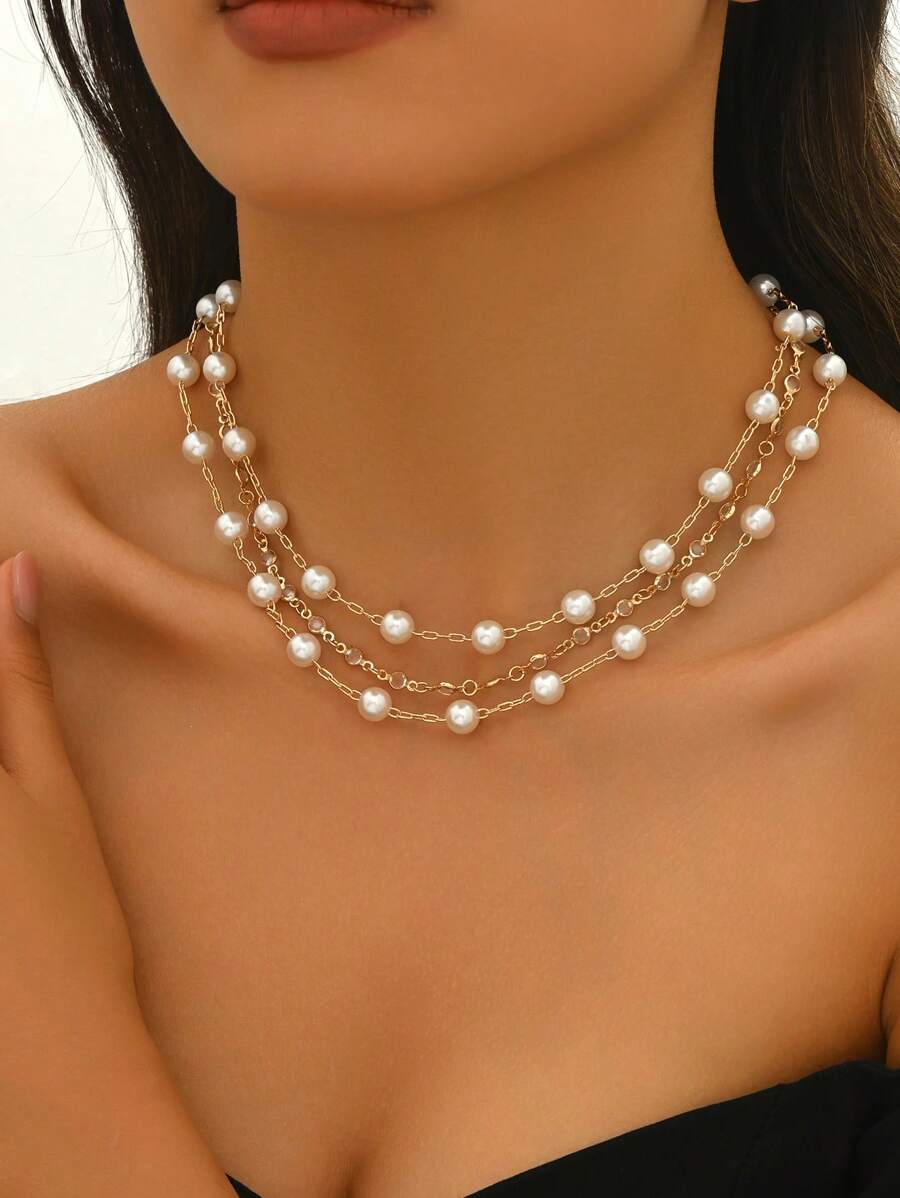 1pc Vintage-Style Multi-Layered Faux Pearl Necklace For Women, Suitable For Gifts, Valentine's Day, Wedding, Party - Multicolor - View 1