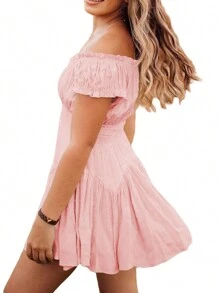 Women Summer Short Dress Solid Color Ruched Bust Boat Neck Off Shoulder Puff Sleeve A-Line One Piece For Ladies - Pink - View 4