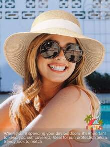 1pc Small Brim Korean Style Bow Strap Straw Hat - Straw Hat - View 6