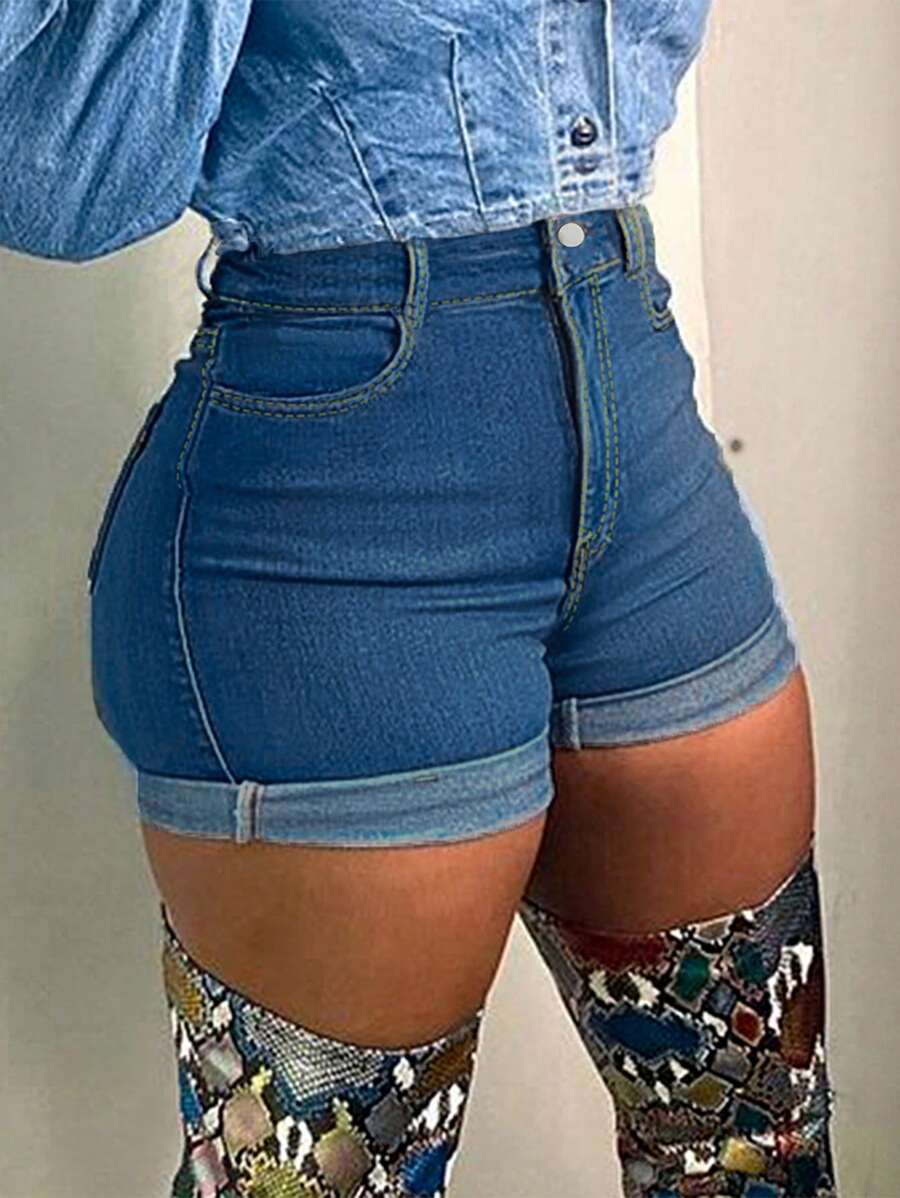 Summer All-Match Solid Color Rolled Hem Fitted Mini Denim Shorts - Rửa tối - Xem 1