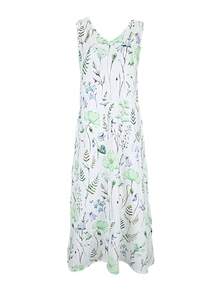 女士休闲印花V领无袖连衣裙，夏季度假优雅款 - 綠色 - 查看 2