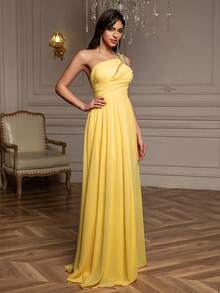 Abito da festa con spacco laterale sulla coscia, con un solo spallino e decorazioni di diamanti scintillanti, adatto per l'estate e la Pasqua, per le donne - Giallo - Visualizzare 6