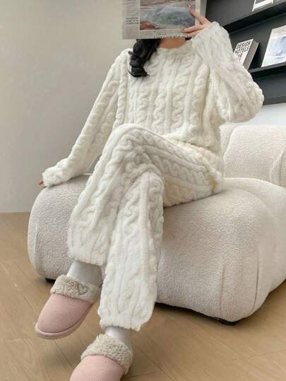 Two Pieces Autumn And Winter Jacquard Zipper Flannel Home Suit Set With Thick Velvet And Zipper For Women's Warm Sleepwear, Fall Clothes, Fluffy Pajama