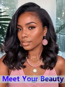 无胶假发波浪短发波波头假发真人头发 4x4 蕾丝闭合黑色 150% 密度 4*4 透明蕾丝前假发女士（8-16 英寸） - Natural Black - 查看 4