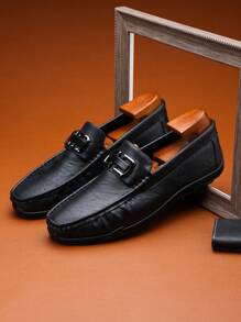 Minimalist Solid Color Low-Cut Metal Buckle Retro Style Men's Loafers Shoes, Versatile For Business, Social, Wedding, Casual, Vacation, Commute,