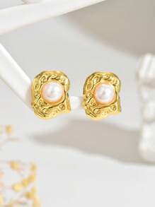 VceTd 1 Pair Vintage Style Semicircle Plastic Inlaid Stainless Steel Stud Earrings, Suitable For Women To Wear To Formal Dinners - Yellow Gold - View 4