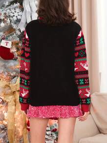 Women Christmas Sweater Long Sleeve Crew Neck Tree Letters Pullover Sweater Winter Sweater - Black - View 6
