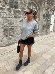 Awevudst Women Eyelash Lace Trim Short Mini Skirt High Waist Pleated Ruffle Half Slip Underskirts Layered Satin Short A-Line Skirt Beachwear Party Clubwear - màu đen - Xem 4