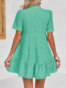Women's Summer Lace Eyelet Dress Flowy Babydoll Swing V Neck Tunic Short Sleeve Dress - màu xanh lá - Xem 4