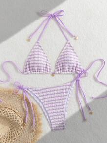 Ladies' Striped And Water Ripple Split Swimsuit Sexy Bikini SexHy Bikini Swimsuit Color Blocking Fashion High-End Hot Spring Party Bikini Careful Machine,European & American Style Sexy Halter Women Bikini Set Swimwear, For Summer Beach Vacation Hot Selling Swimsuits - Mauve Purple - View 3