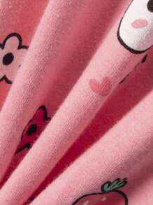 Set de 4 piezas de pijama de primavera/verano para niñas jóvenes con estampado de oso lindo y conejito de fresa en parte superior de manga larga y pantalón largo