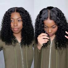 Glueless Wig Human Hair Kinky Curly Bob Wig Pre Cut Lace Front Wig Wear And Go Glueless Wig Real Hair 4x4 Lace Closure Wigs Brazilian Virgin Hair 180% Density Natural Black Wig - Natural Black - 查看 2