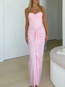 女士纯色基本款褶皱紧身胸衣性感合身浪漫褶皱下摆优雅海滩派对连衣裙