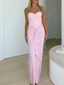 Vestido elegante de playa, fiesta y romántico con unicolor, busto fruncido, ajustado y volante en el bajo