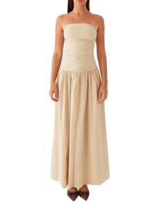 Women Tube Top Maxi Dress Elegant Sleeveless Strapless Ruched Flowy Dress Summer Long Wedding Party Cocktail Dresses - Khaki - View 1