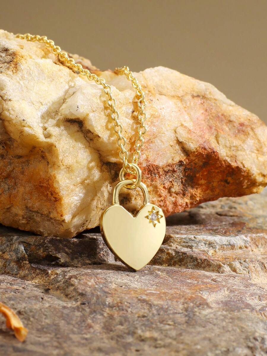 Charm-In 1 件优雅锆石心形锁吊坠项链，轻质黄铜链，女士时尚珠宝，情人节送给女朋友的优雅礼物 - 金黃色 - 查看 1
